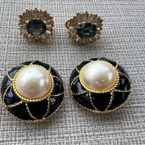 Two Pair Y2K Designer Clip On Earrings 1-Faux Pearl Cabochon 2- Sapphire Crystal